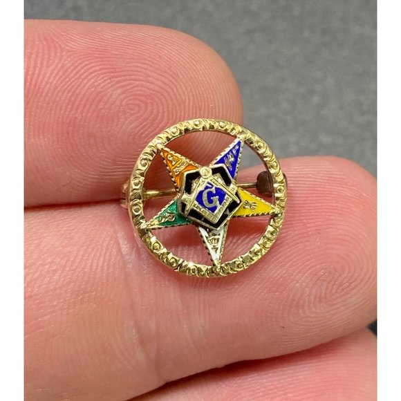 Eastern Star Patron Symbol Masonic 14k Lapel Pin Brooch Round Enamel 5/8 in - Picture 4 of 8